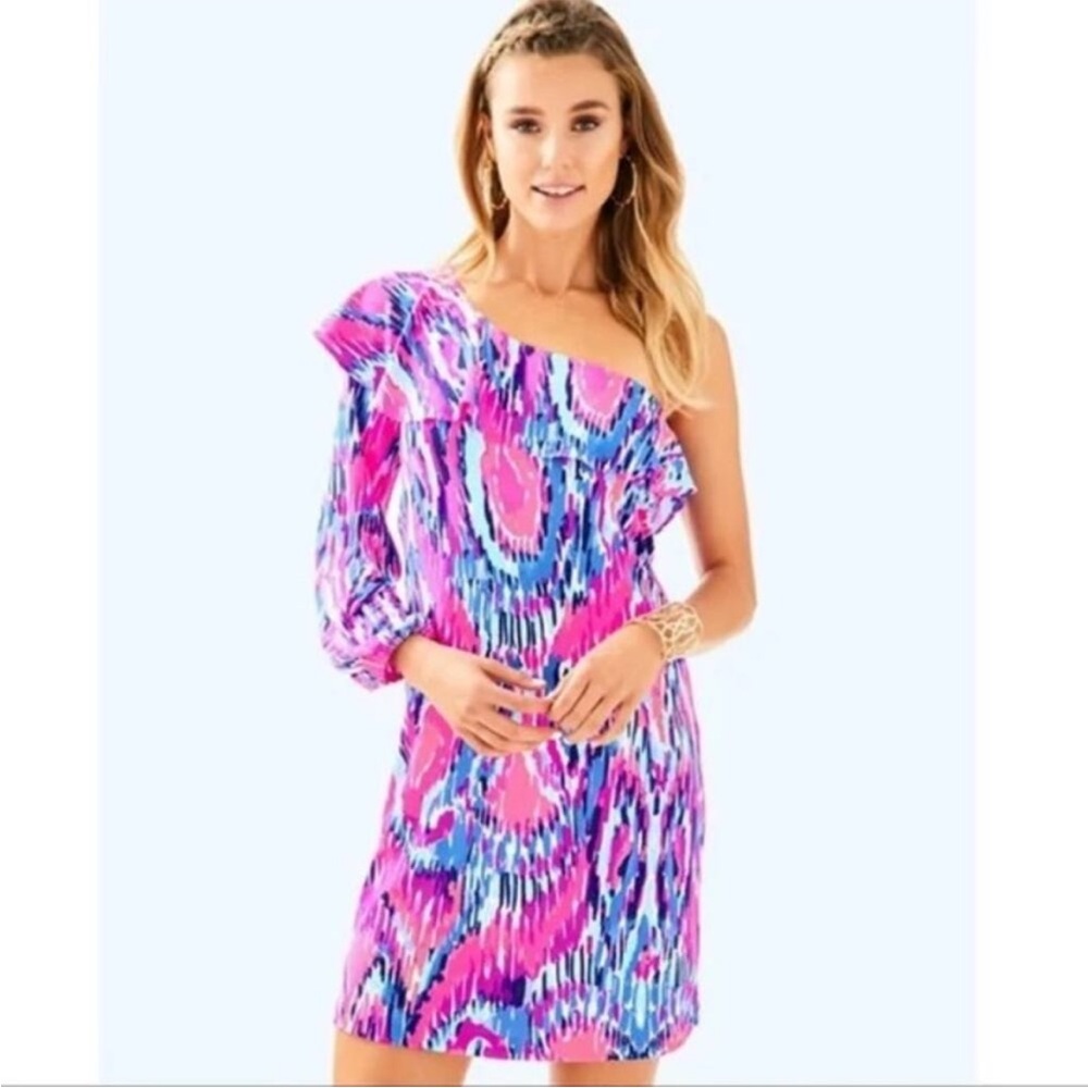 Lilly Pulitzer Amante Silk Jersey One Shoulder Dress Free Spirit M Packable EUC